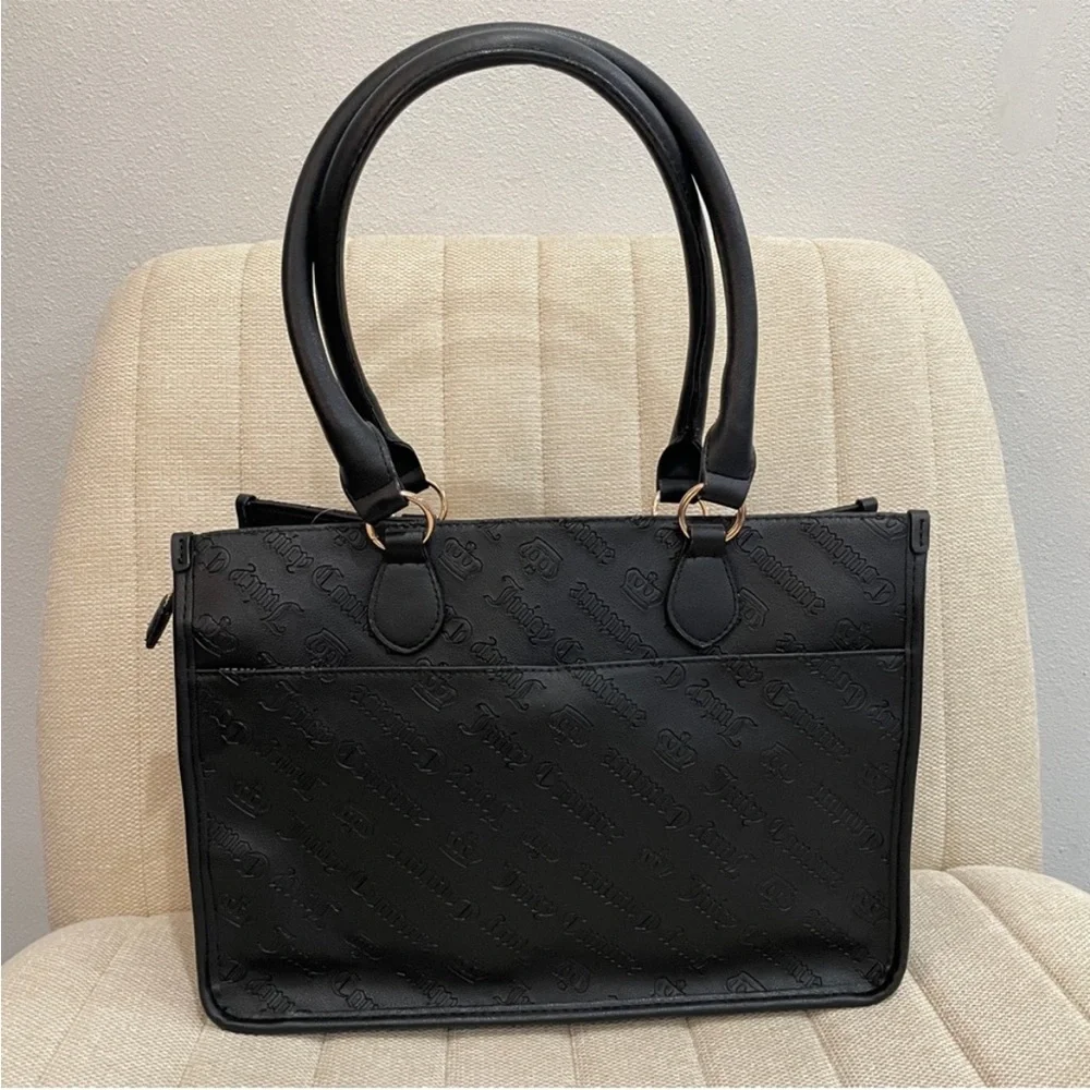NEW Juicy Couture‎ Black Embossed Logo Tote Bag Gold Rhinestone JC Charm